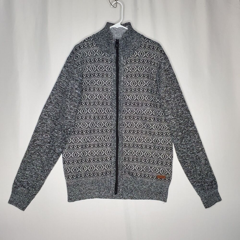Buffalo Cardigan Jacket Men XL Gray‎ Fair Isle Zip Flannel Lined Mock Old Money